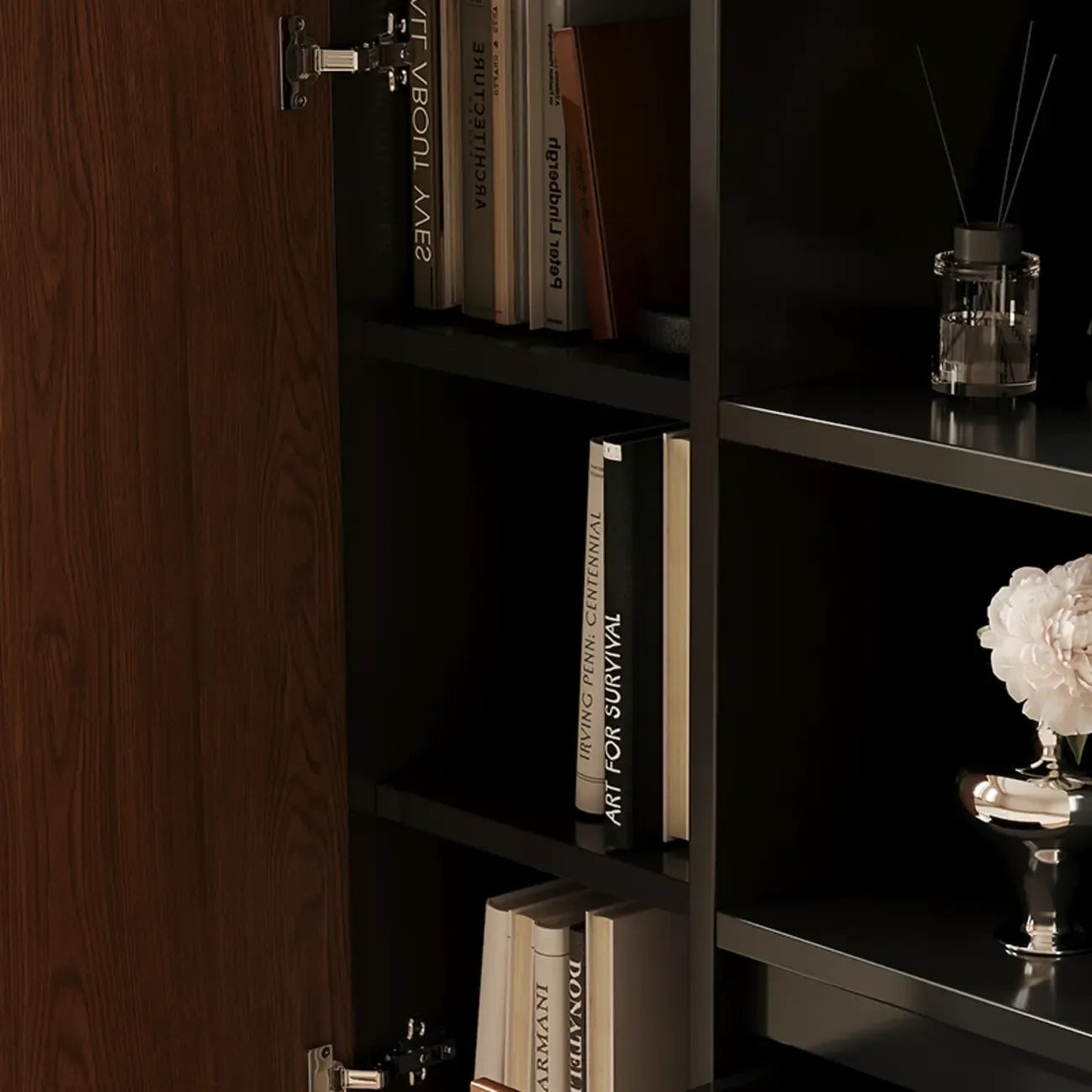 Petite étagère minimaliste en bois noir avec tiroir