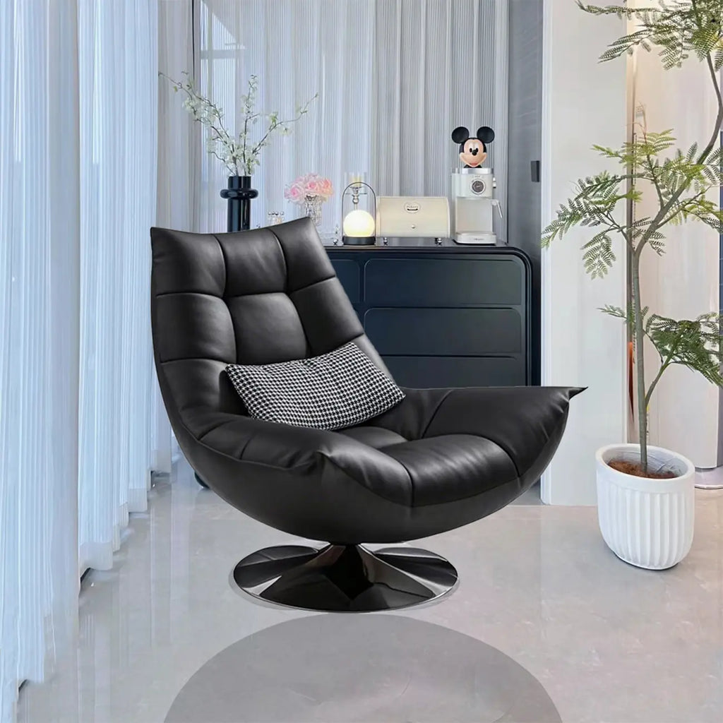 Fauteuil pivotant en cuir noir capitonné avec coussin inclus