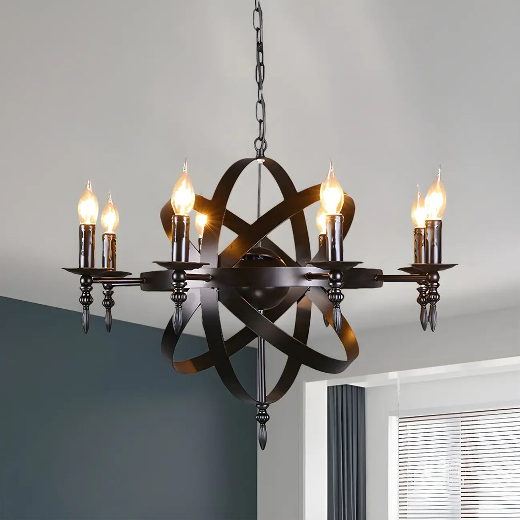 Grand lustre vintage en métal noir rond pour bougies
