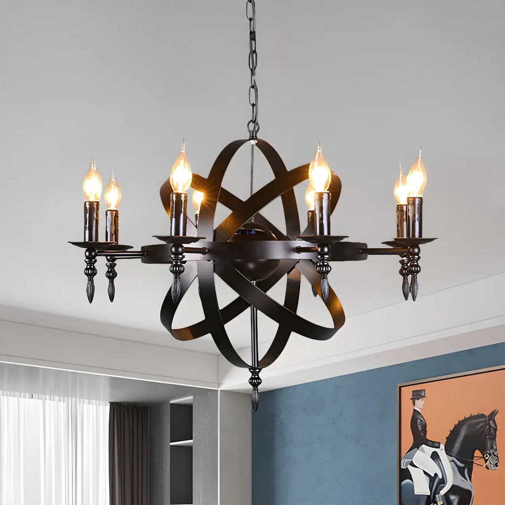 Grand lustre vintage en métal noir rond pour bougies