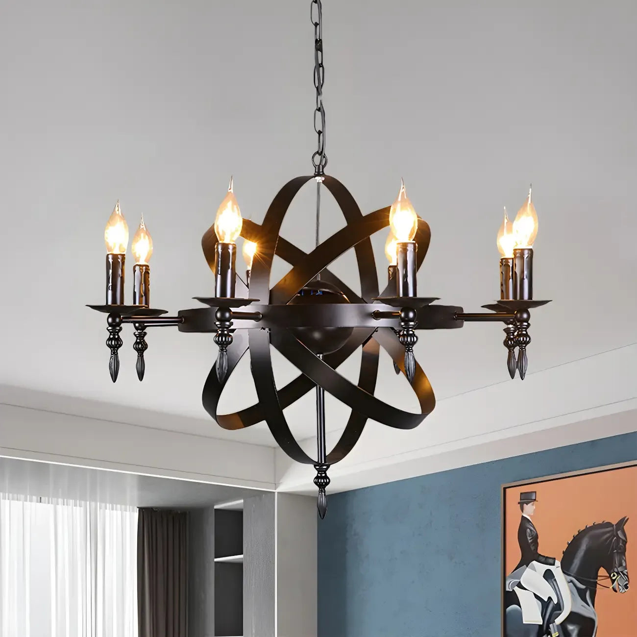 Grand lustre vintage en métal noir rond pour bougies