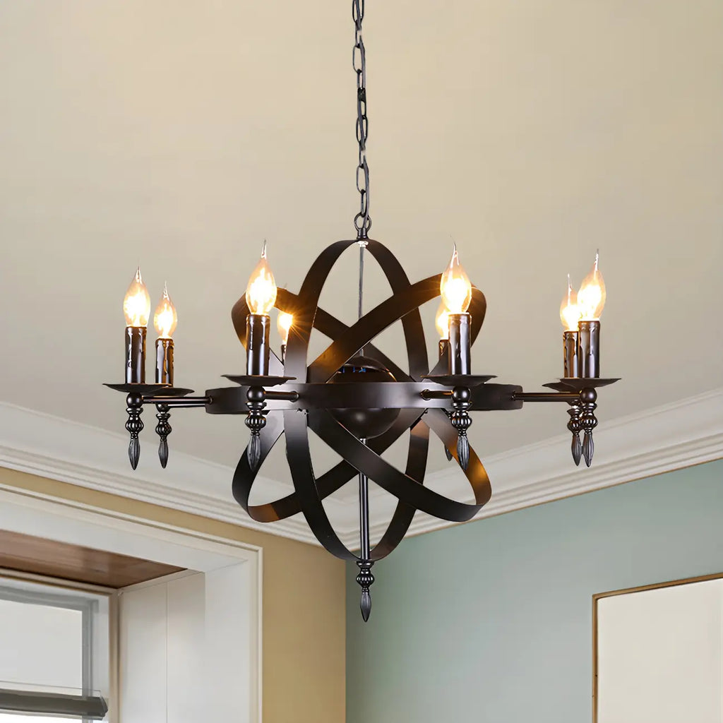Grand lustre vintage en métal noir rond pour bougies