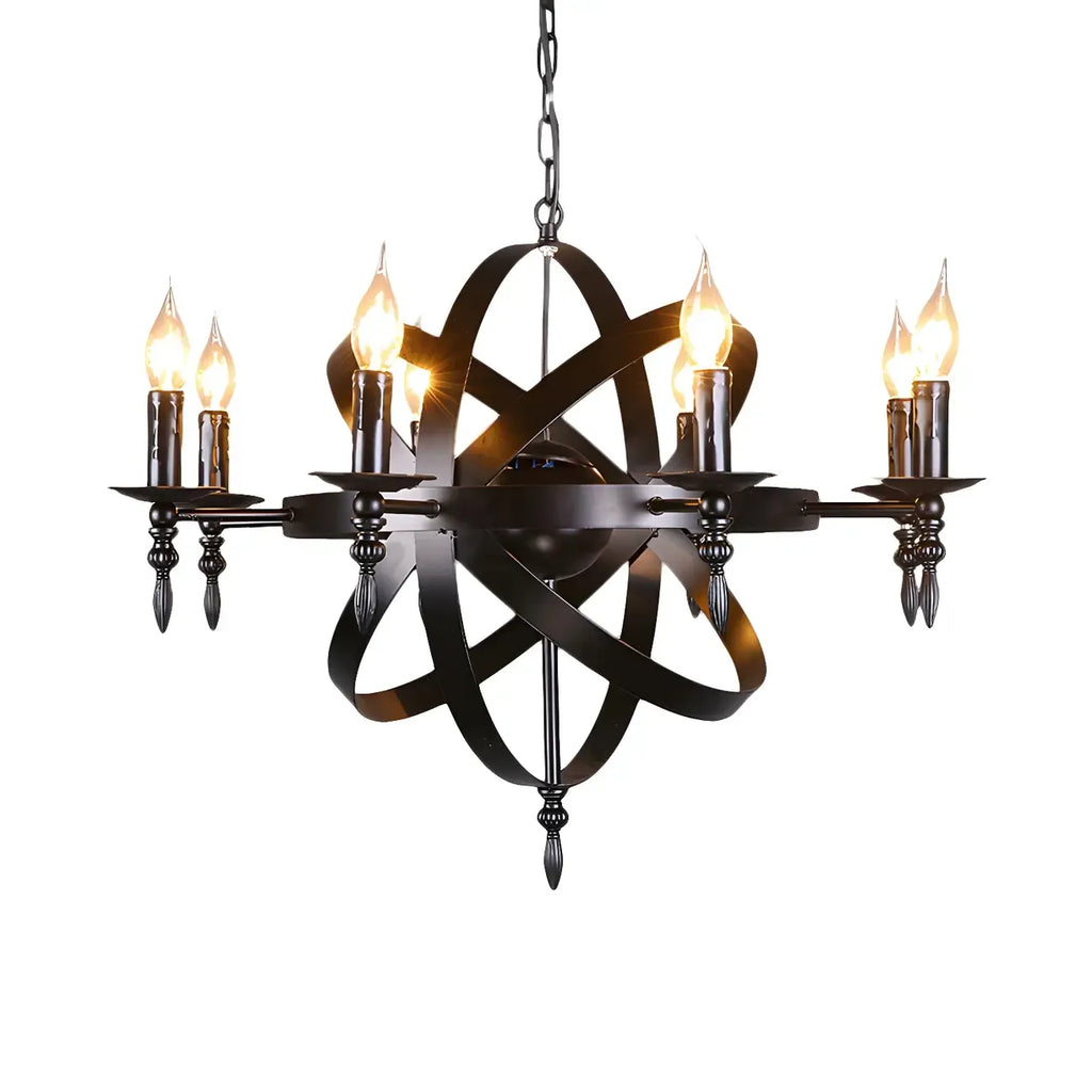 Grand lustre vintage en métal noir rond pour bougies