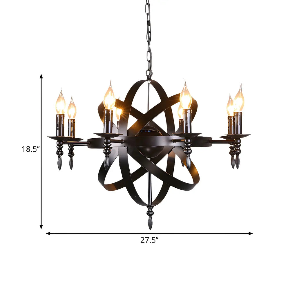 Grand lustre vintage en métal noir rond pour bougies