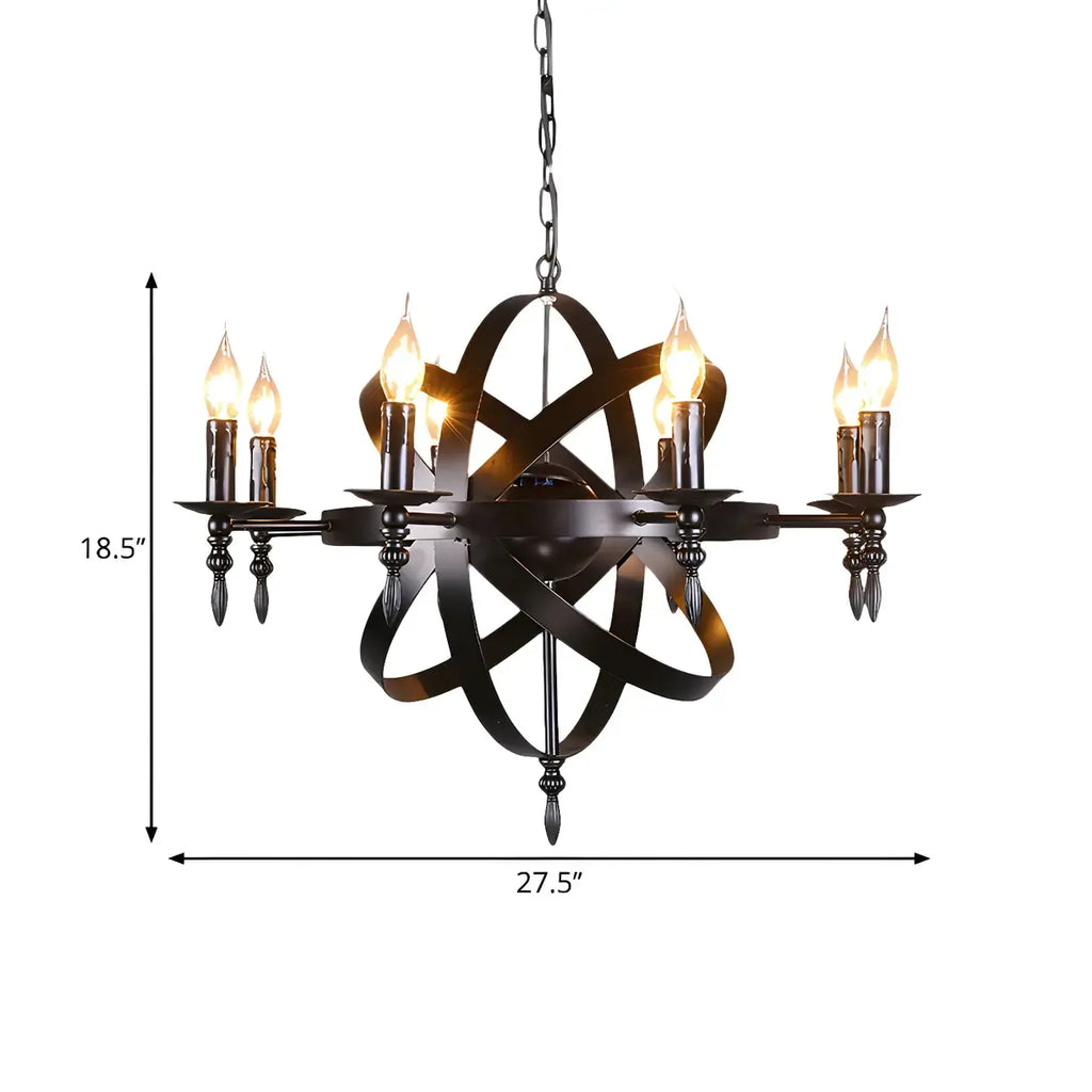 Grand lustre vintage en métal noir rond pour bougies