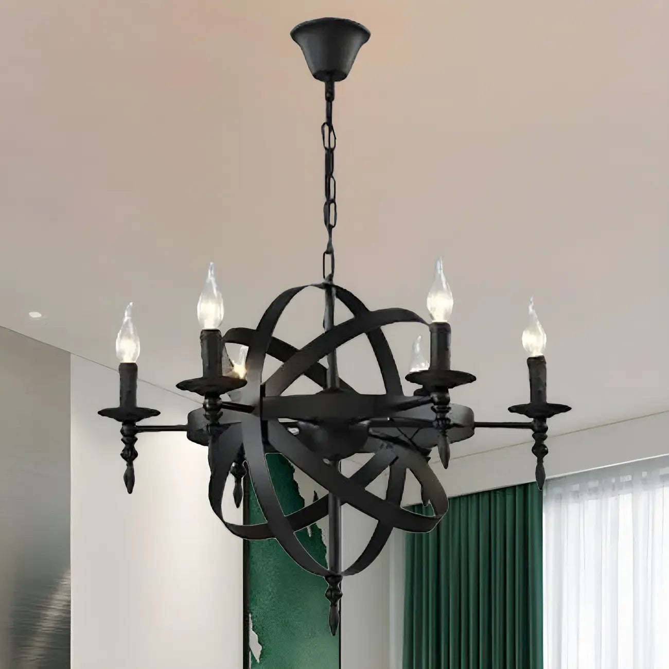 Grand lustre vintage en métal noir rond pour bougies