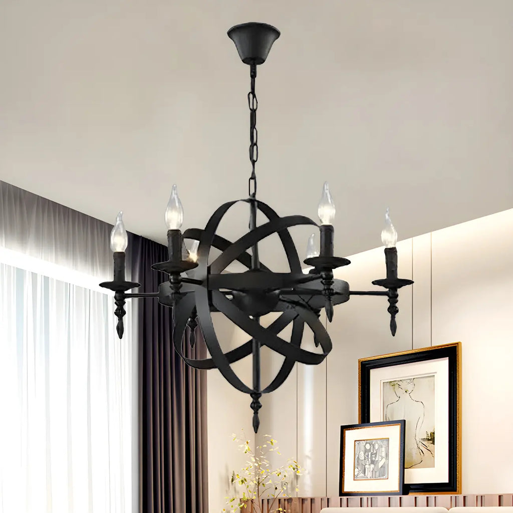 Grand lustre vintage en métal noir rond pour bougies