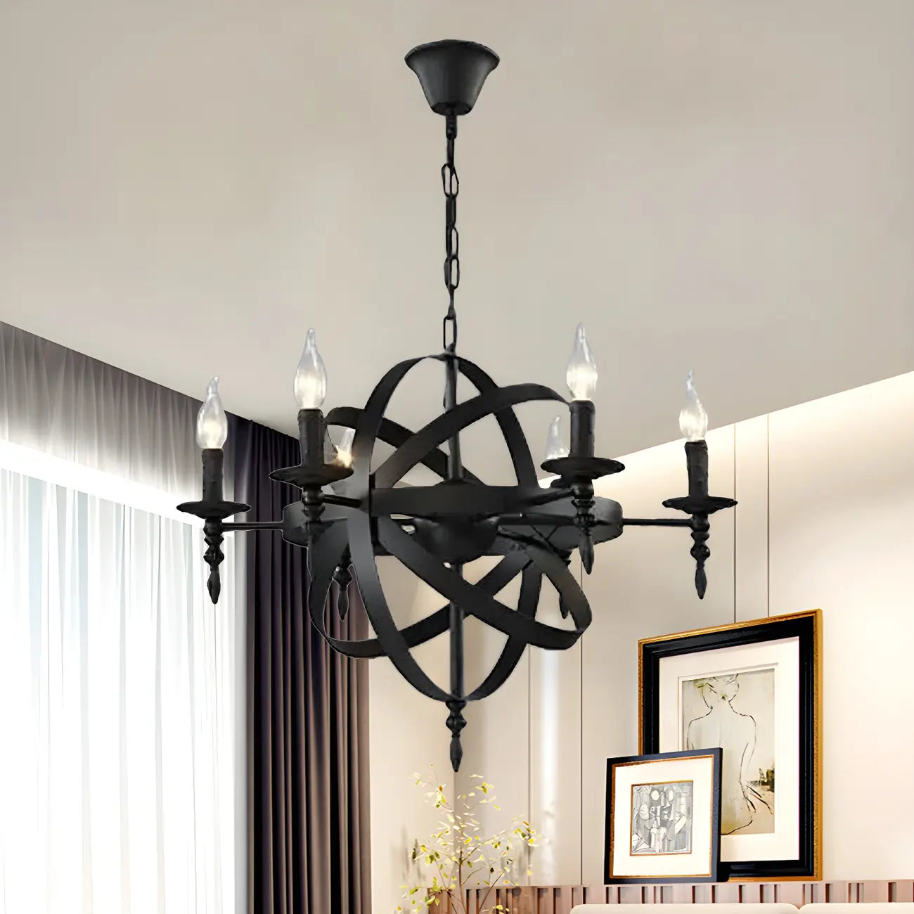 Grand lustre vintage en métal noir rond pour bougies