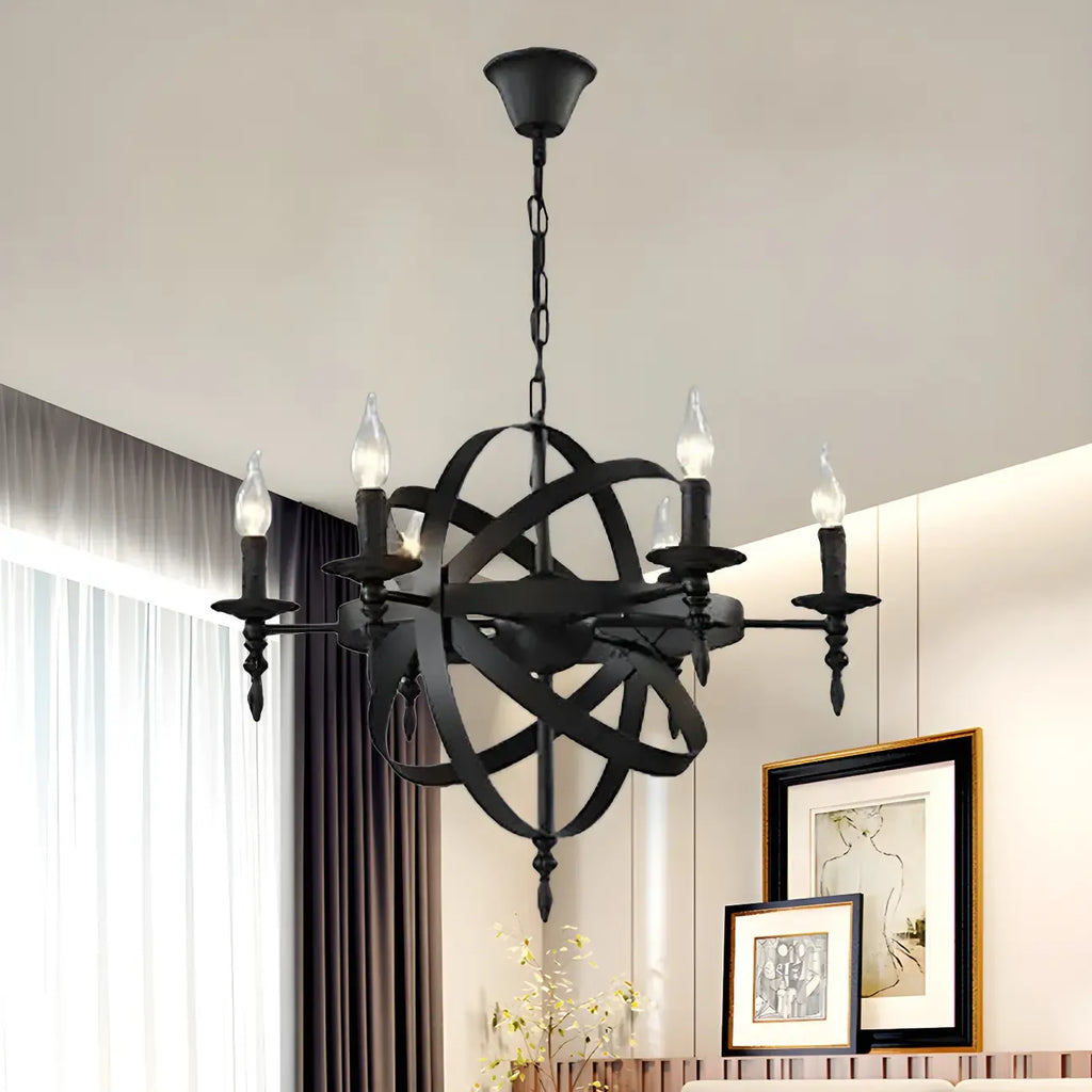 Grand lustre vintage en métal noir rond pour bougies