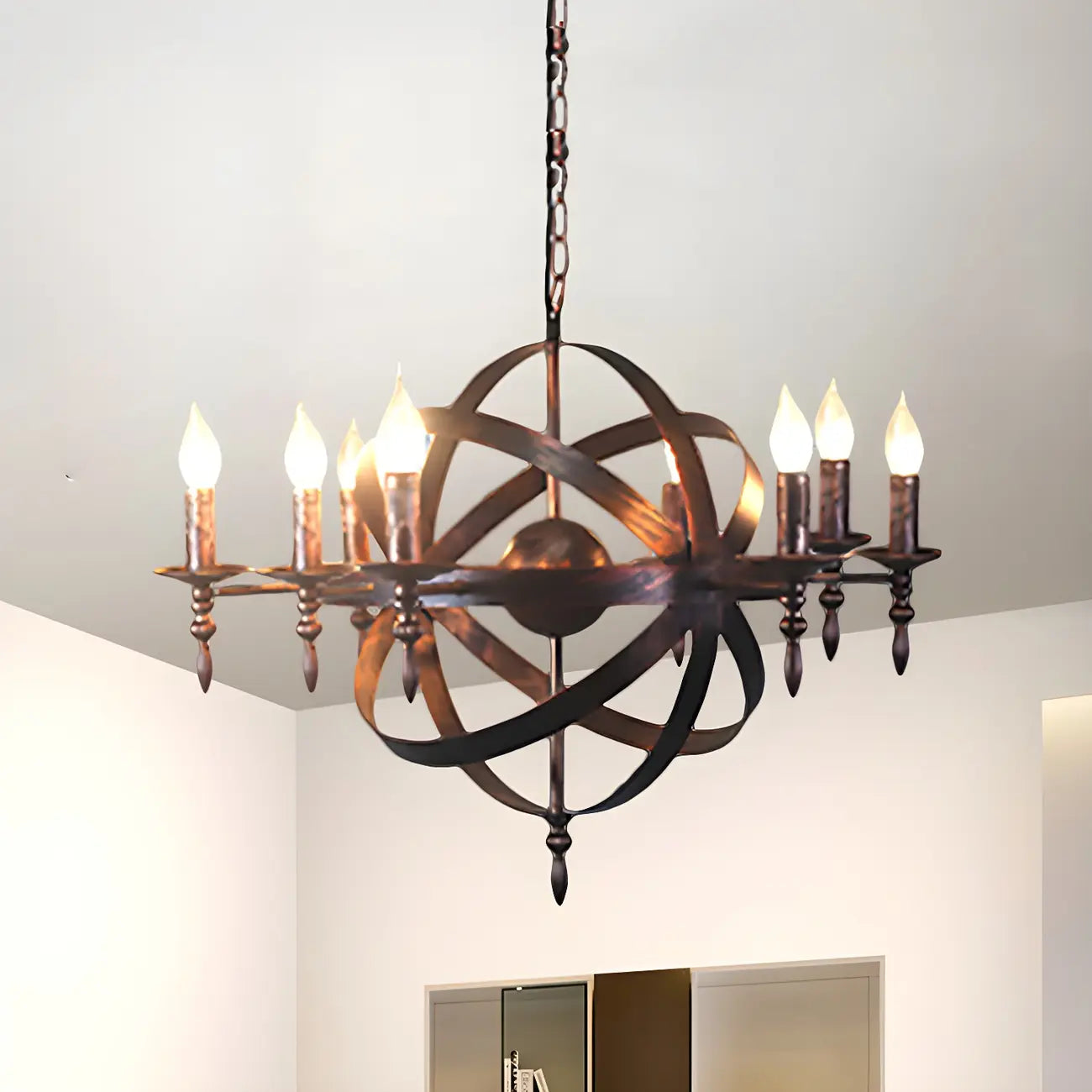 Grand lustre vintage en métal noir rond pour bougies