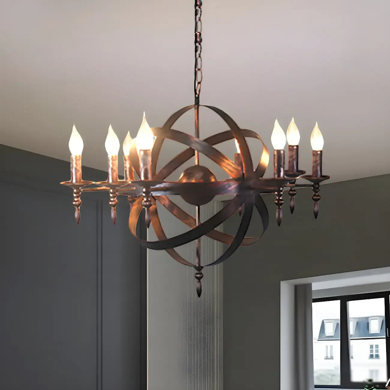 Grand lustre vintage en métal noir rond pour bougies