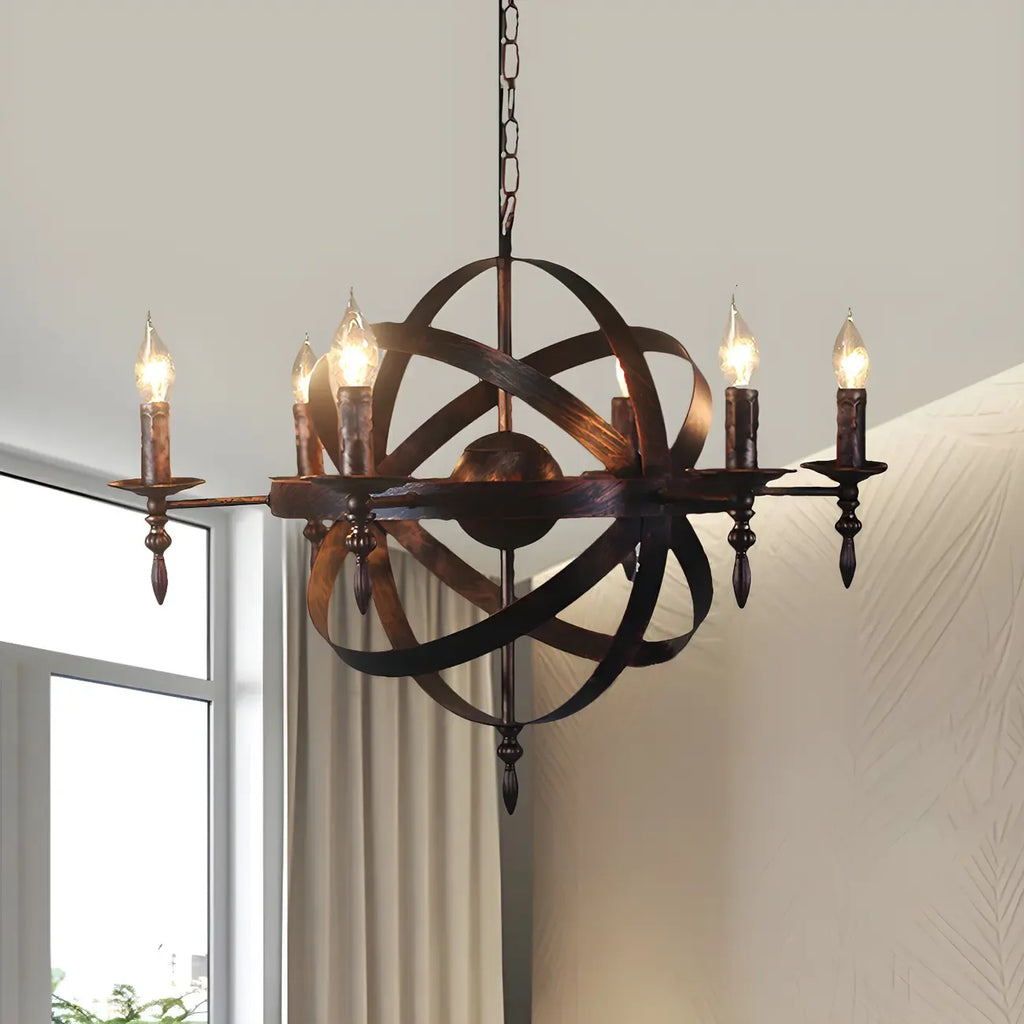 Grand lustre vintage en métal noir rond pour bougies