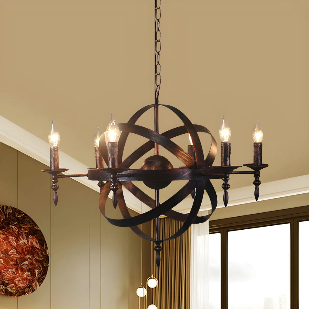 Grand lustre vintage en métal noir rond pour bougies
