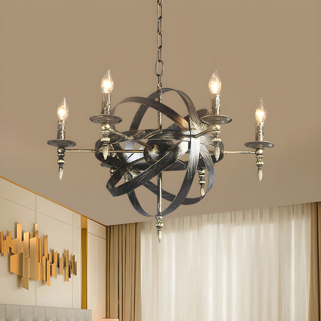 Grand lustre vintage en métal noir rond pour bougies