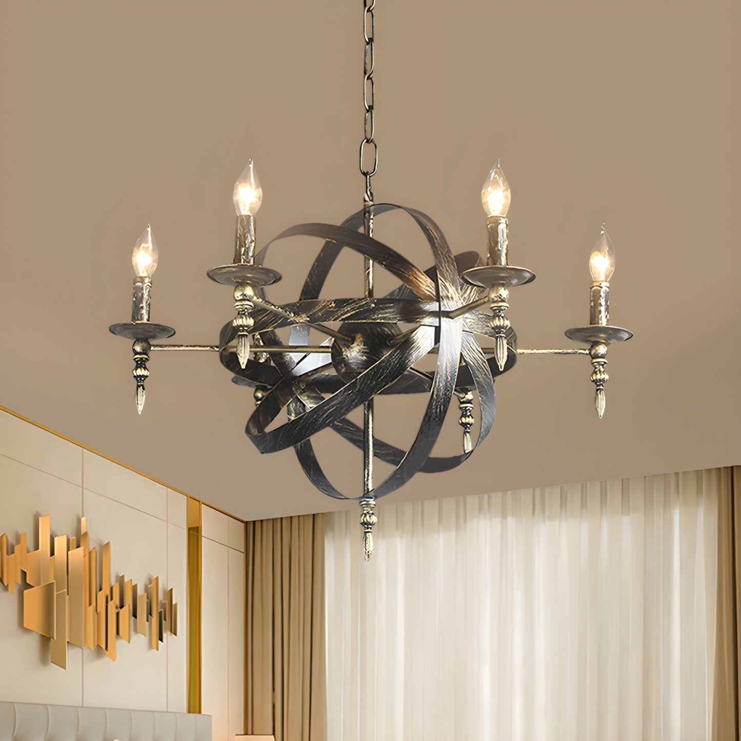 Grand lustre vintage en métal noir rond pour bougies