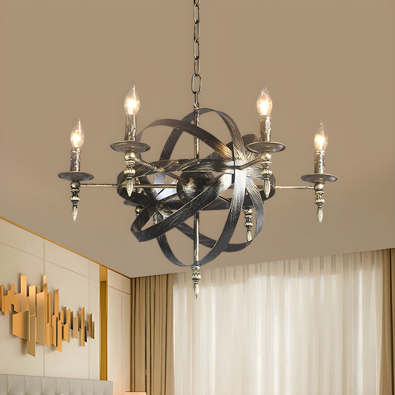 Grand lustre vintage en métal noir rond pour bougies