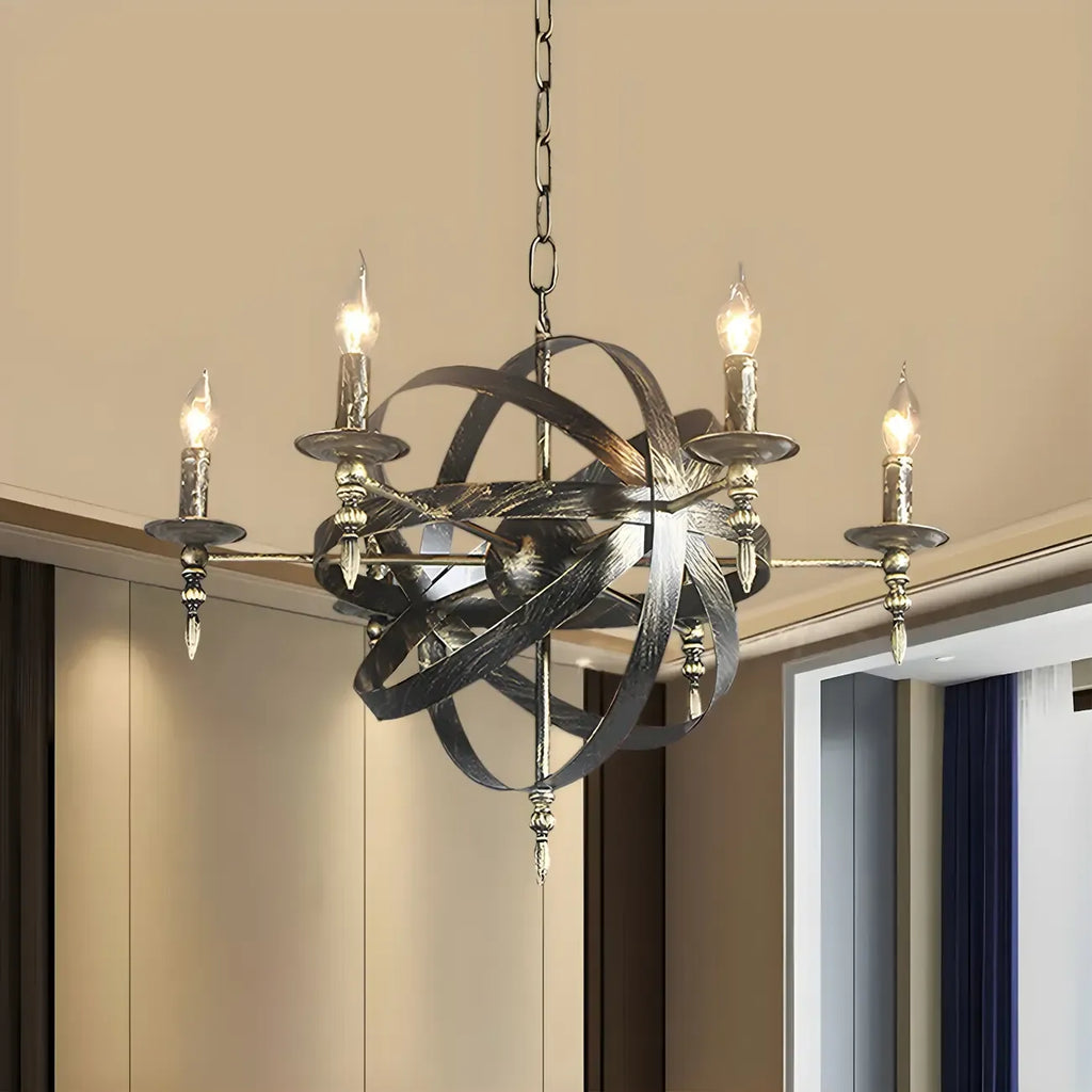 Grand lustre vintage en métal noir rond pour bougies