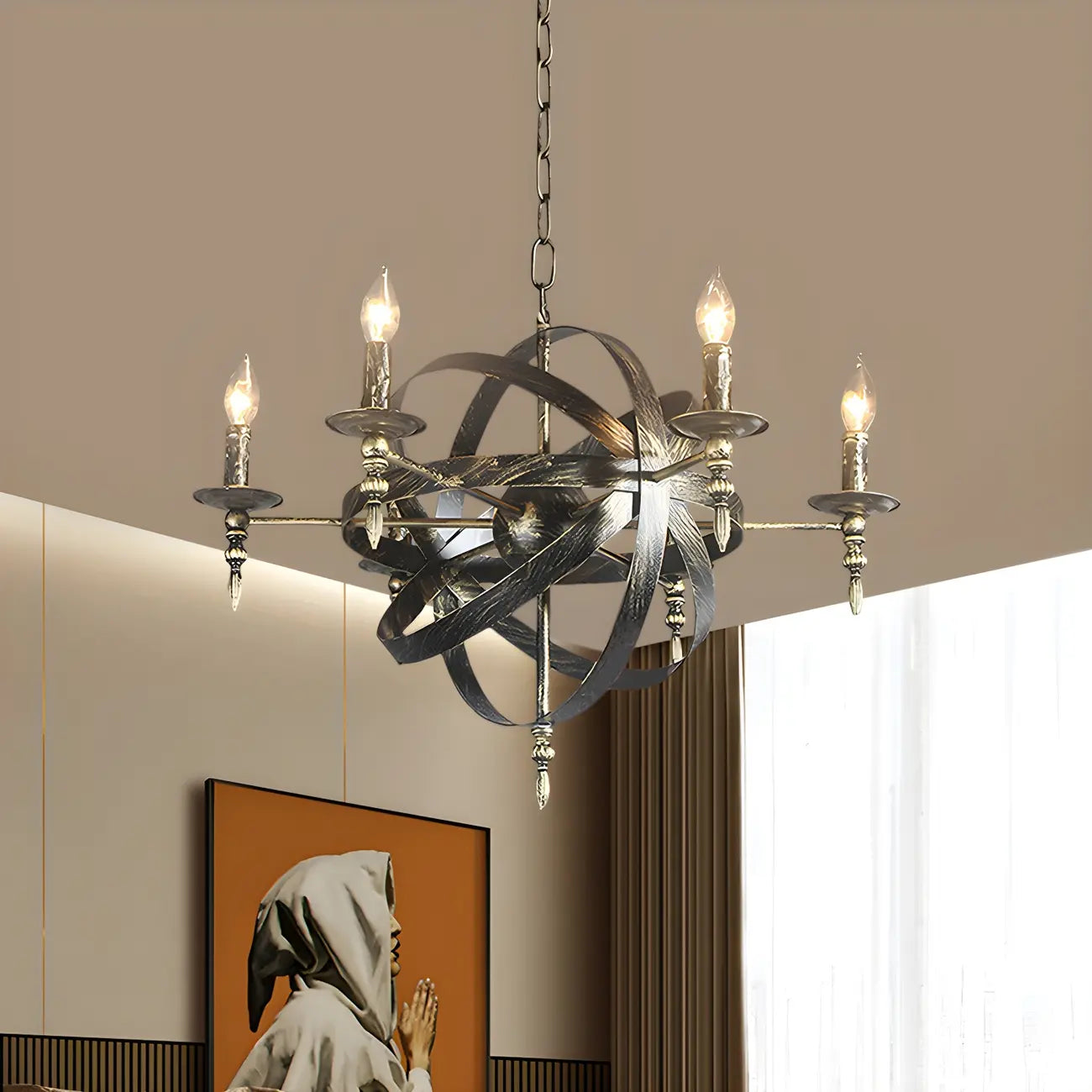 Grand lustre vintage en métal noir rond pour bougies