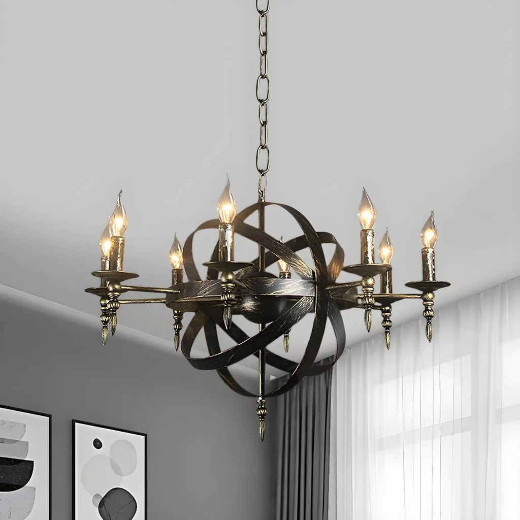 Grand lustre vintage en métal noir rond pour bougies