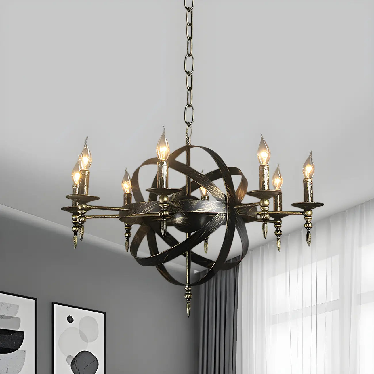 Grand lustre vintage en métal noir rond pour bougies