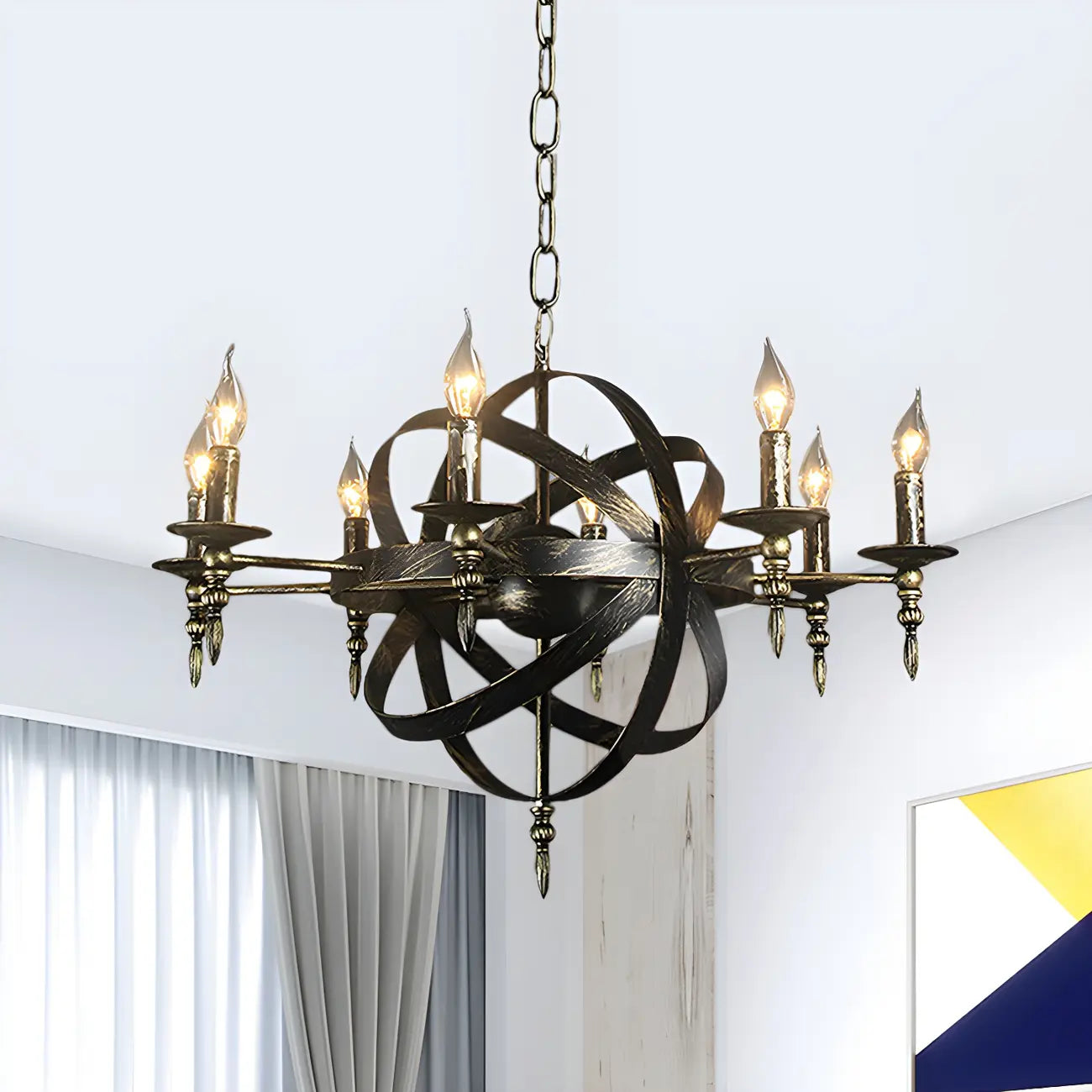 Grand lustre vintage en métal noir rond pour bougies