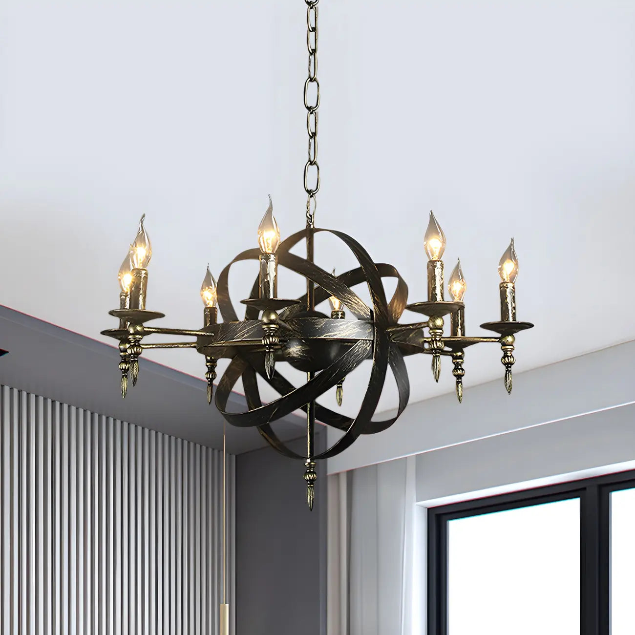 Grand lustre vintage en métal noir rond pour bougies