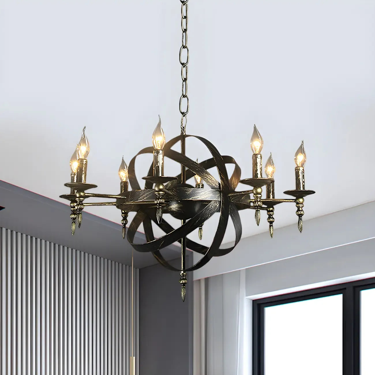 Grand lustre vintage en métal noir rond pour bougies