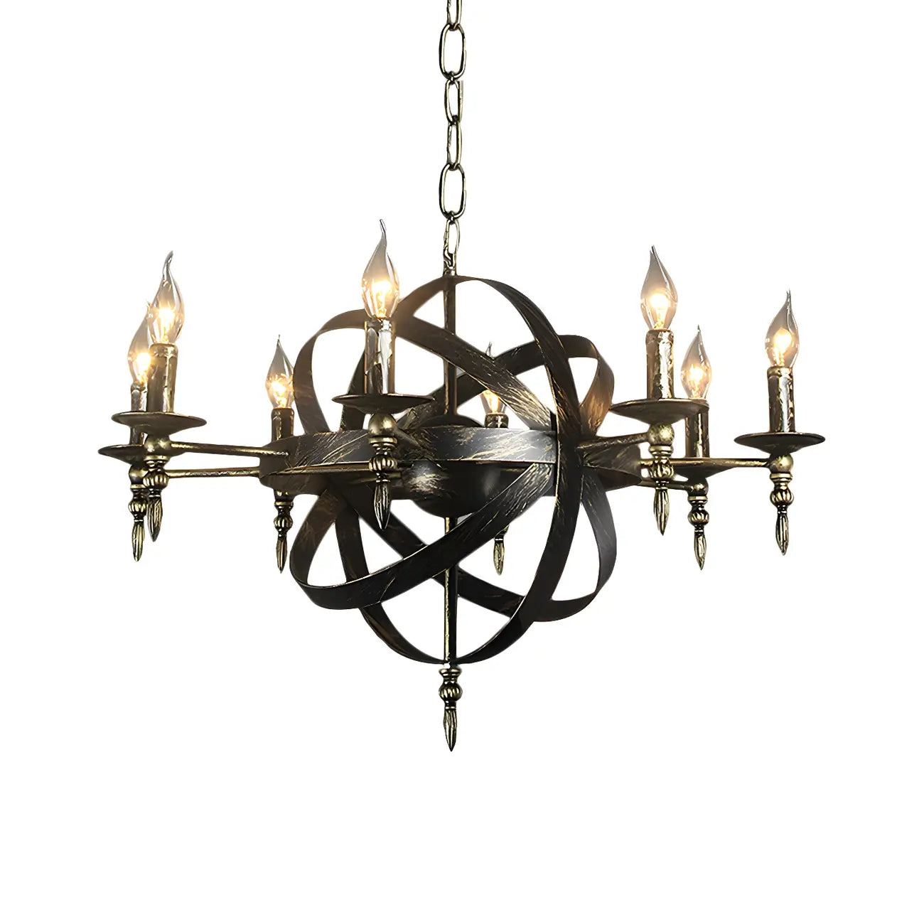 Grand lustre vintage en métal noir rond pour bougies