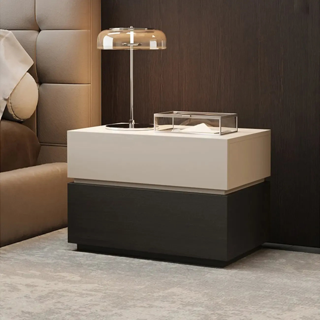 Élégante table de chevet en bois à deux niveaux avec tiroirs pour chambre à coucher