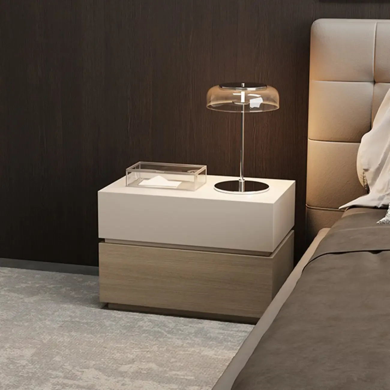 Élégante table de chevet en bois à deux niveaux avec tiroirs pour chambre à coucher