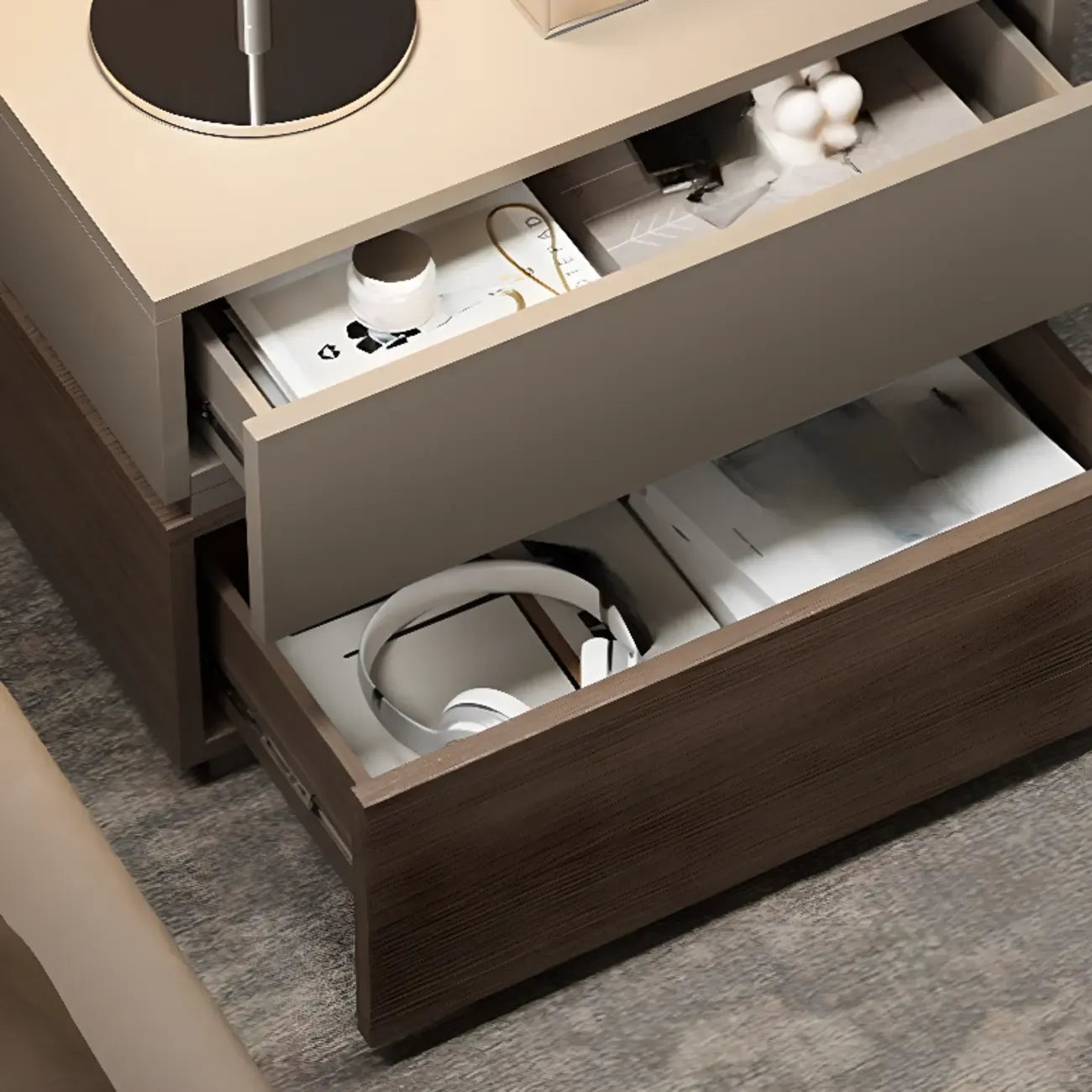 Élégante table de chevet en bois à deux niveaux avec tiroirs pour chambre à coucher