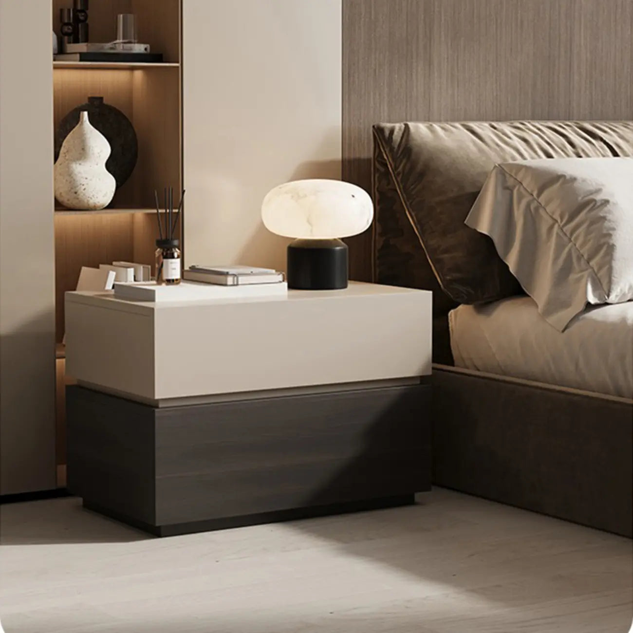 Élégante table de chevet en bois à deux niveaux avec tiroirs pour chambre à coucher