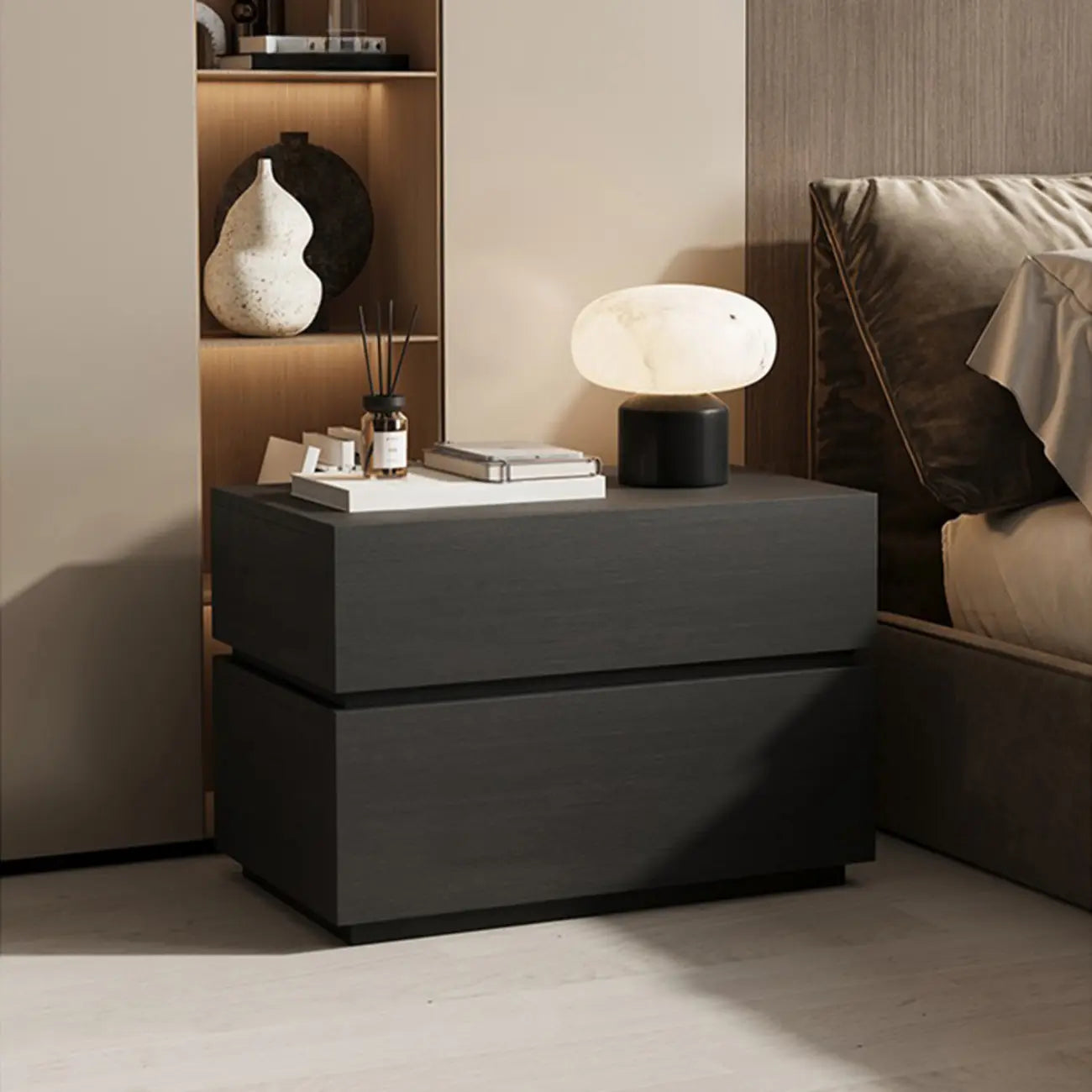 Élégante table de chevet en bois à deux niveaux avec tiroirs pour chambre à coucher