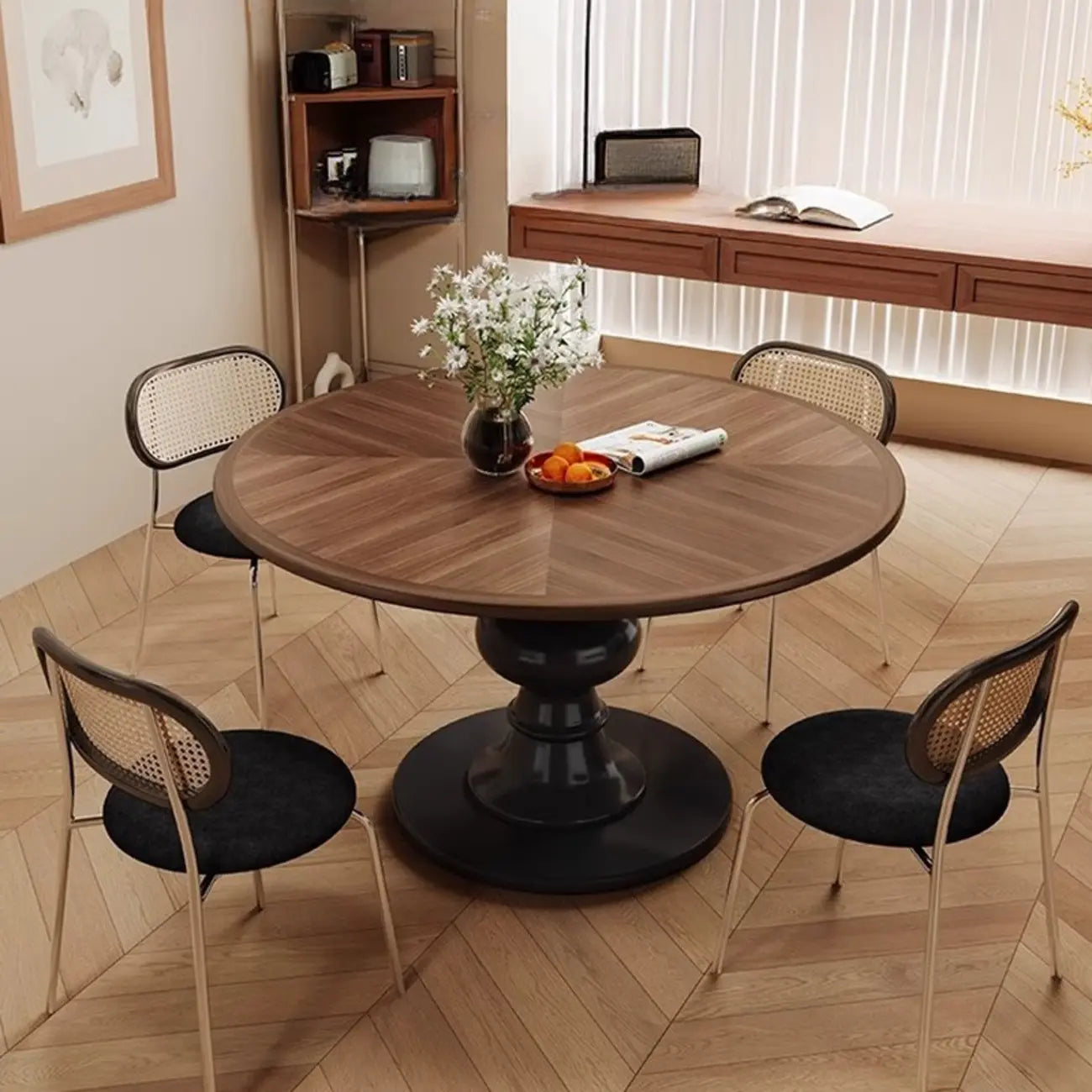 Table de salle à manger ronde Art Déco avec plateau fixe en bois naturel brun