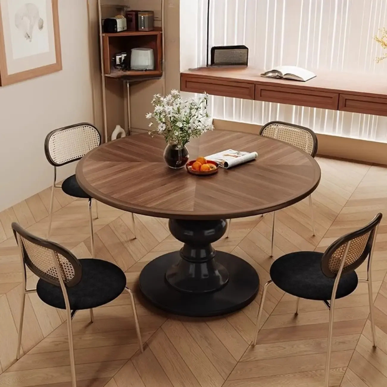 Table de salle à manger ronde Art Déco avec plateau fixe en bois naturel brun