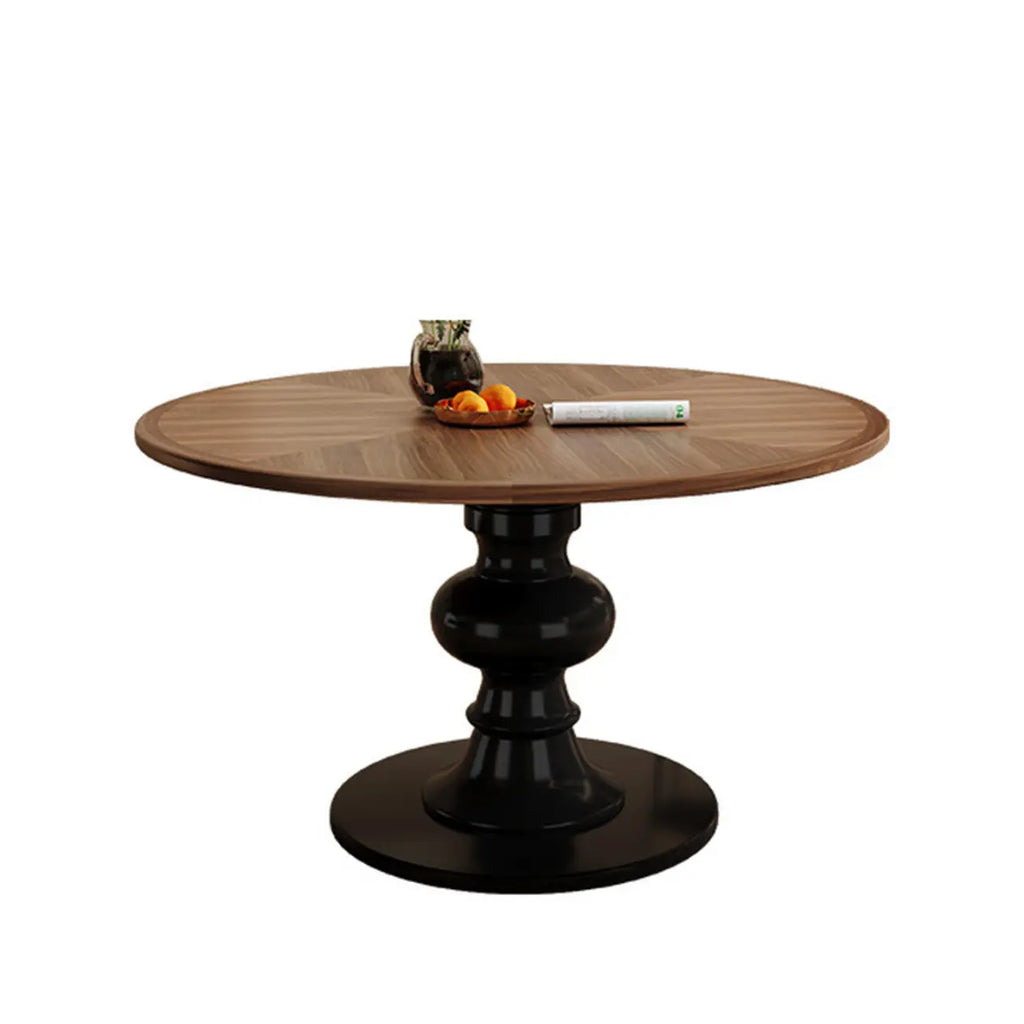 Table de salle à manger ronde Art Déco avec plateau fixe en bois naturel brun