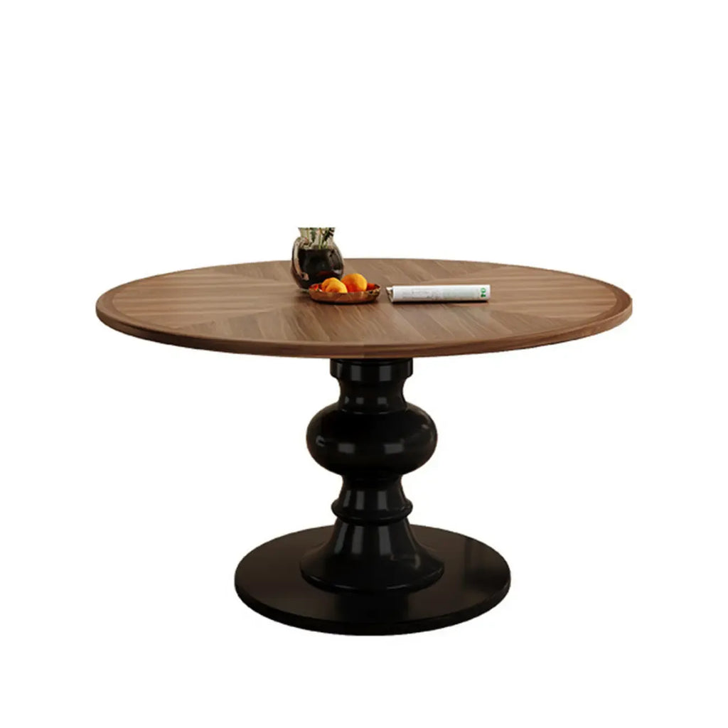 Table de salle à manger ronde Art Déco avec plateau fixe en bois naturel brun