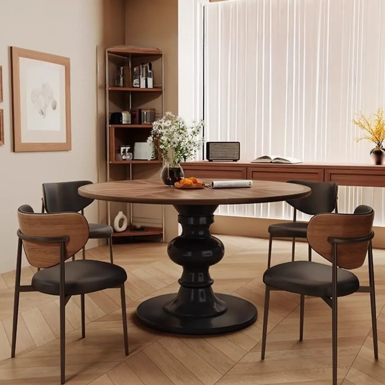 Table de salle à manger ronde Art Déco avec plateau fixe en bois naturel brun