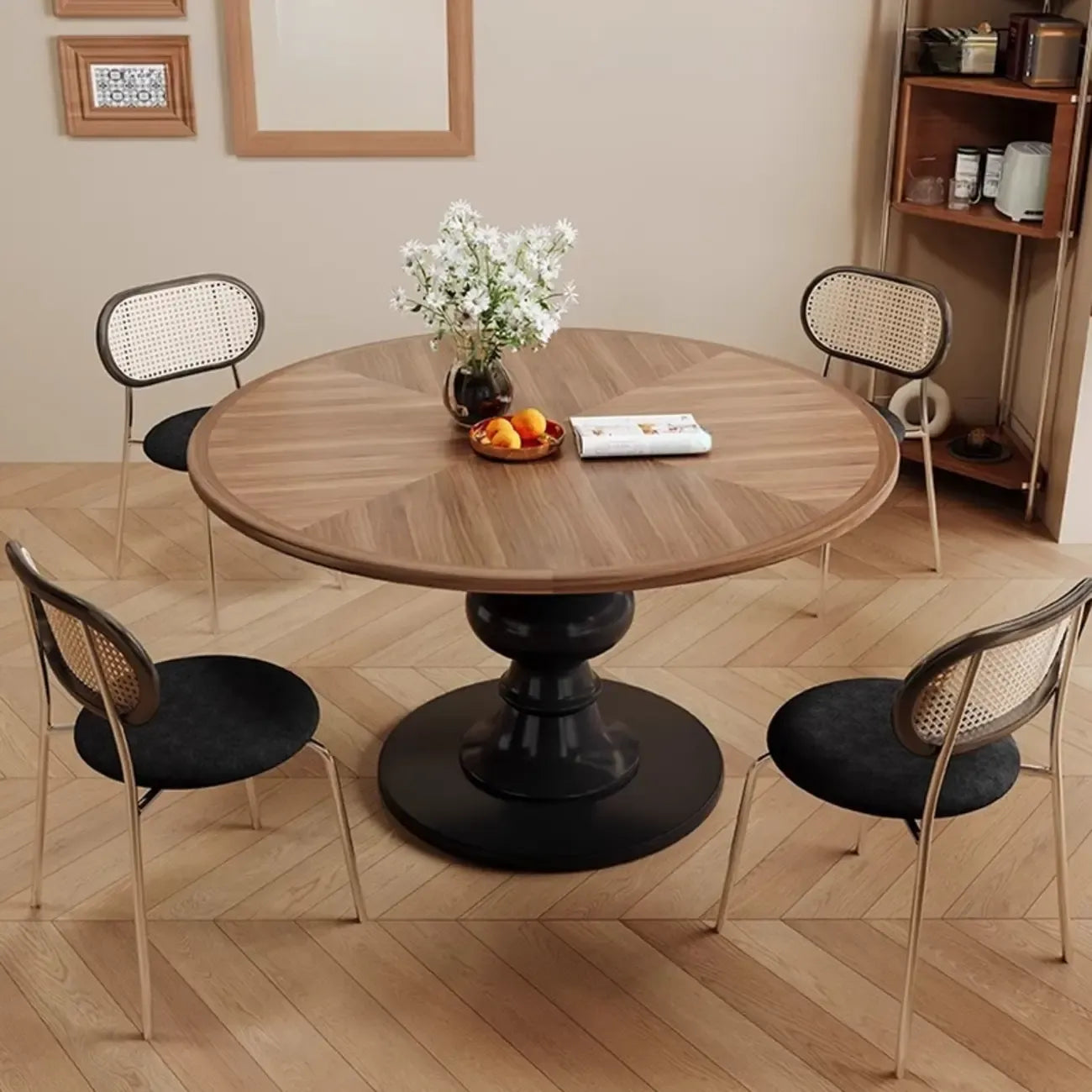 Table de salle à manger ronde Art Déco avec plateau fixe en bois naturel brun