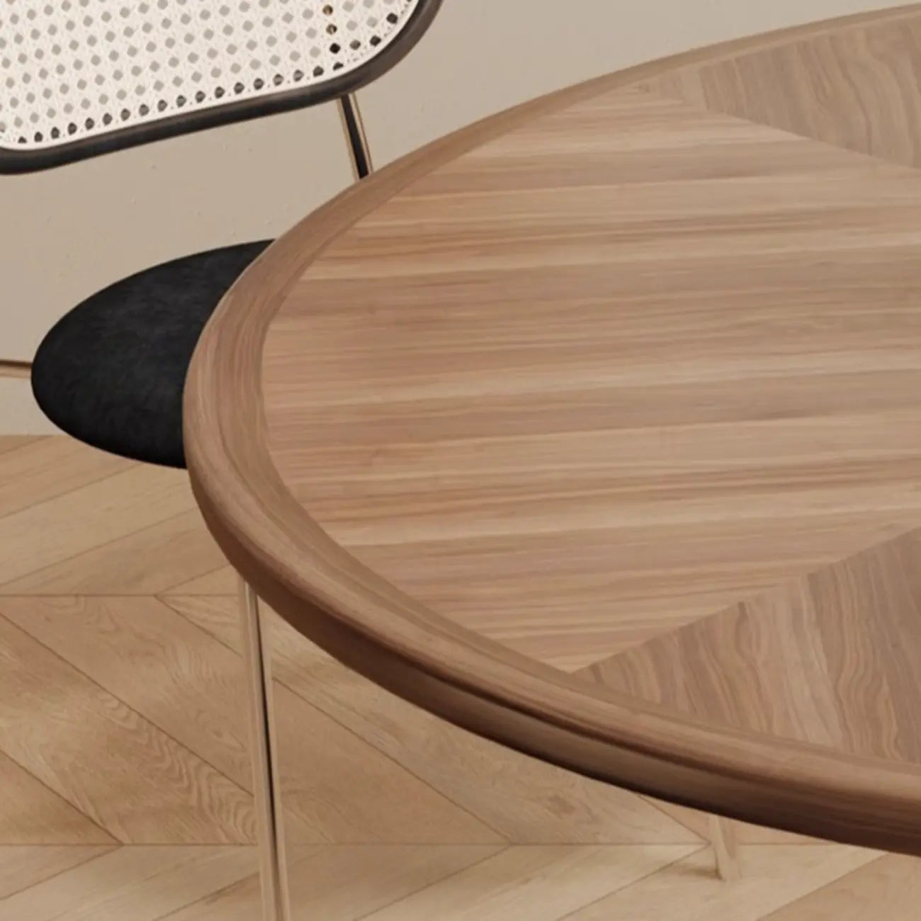 Table de salle à manger ronde Art Déco avec plateau fixe en bois naturel brun