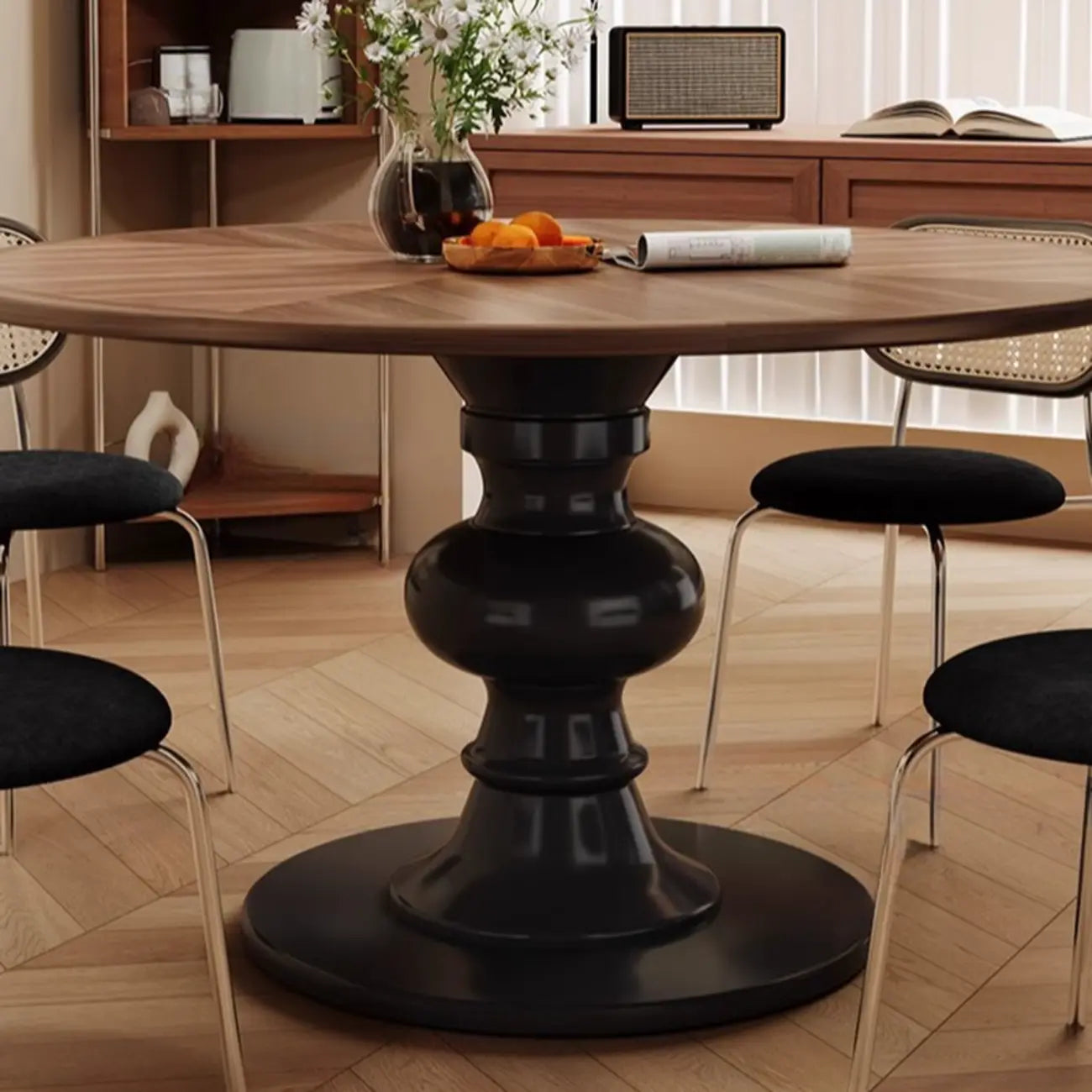 Table de salle à manger ronde Art Déco avec plateau fixe en bois naturel brun