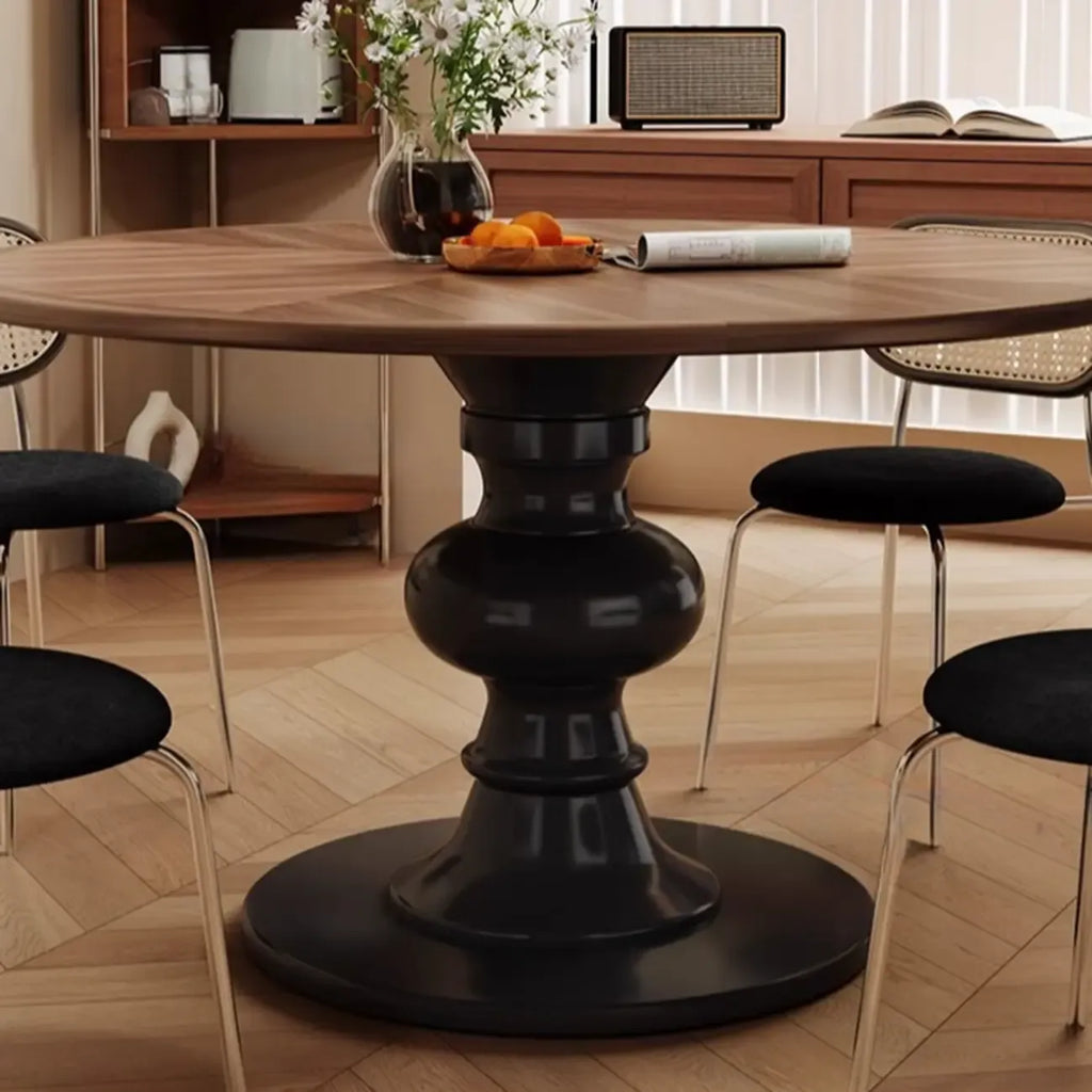 Table de salle à manger ronde Art Déco avec plateau fixe en bois naturel brun