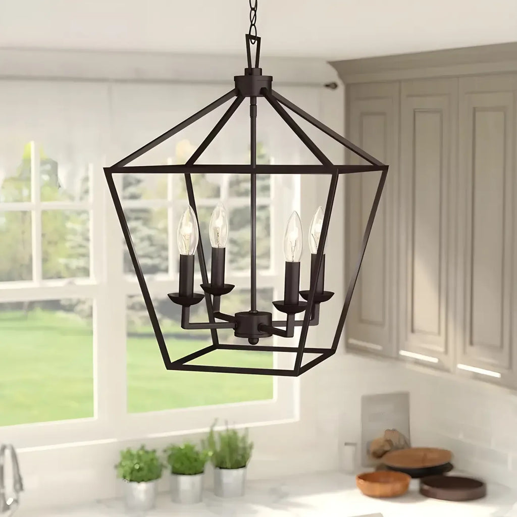 Lustre lanterne géométrique en métal noir au design moderne