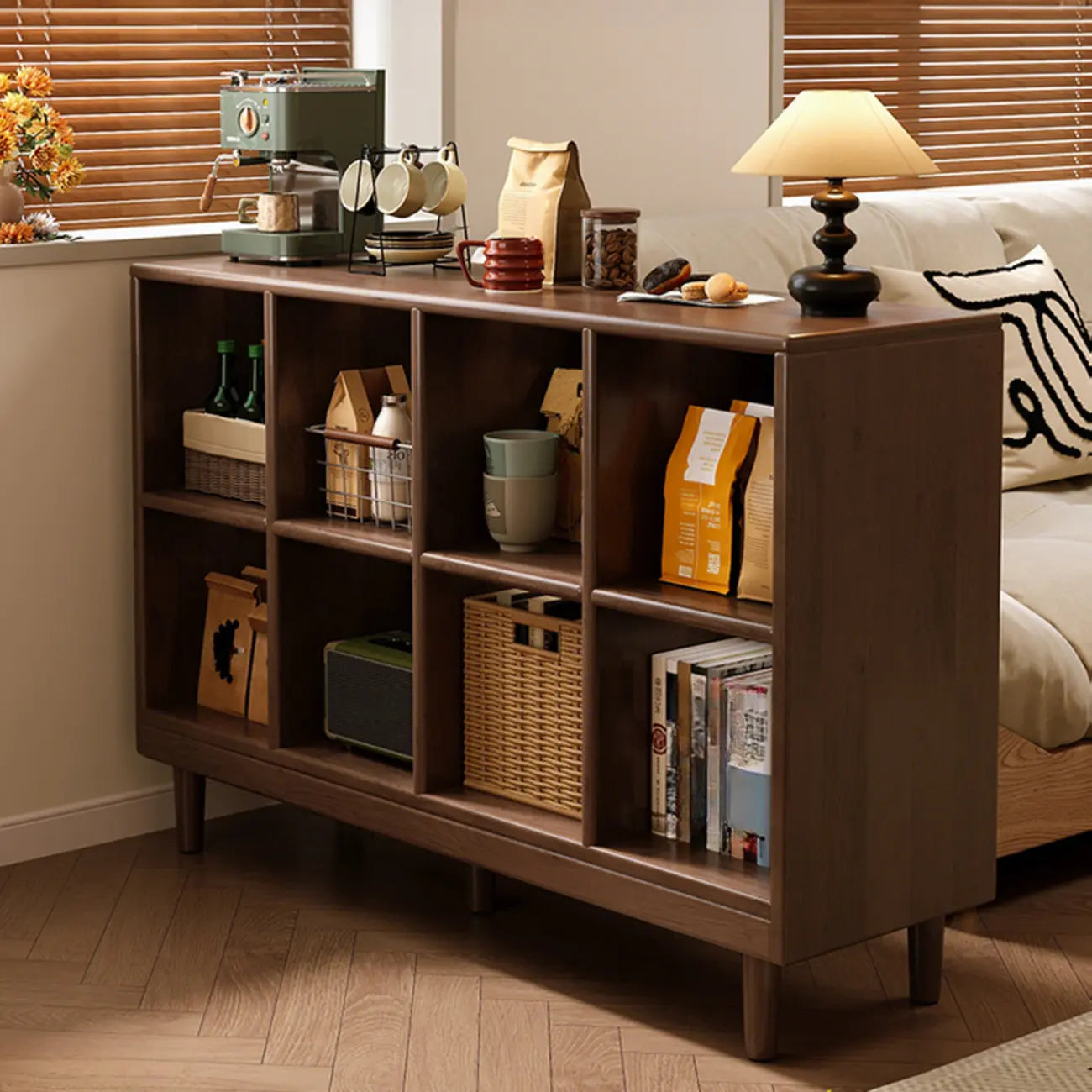 Bibliothèque modulaire autoportante en bois naturel brun