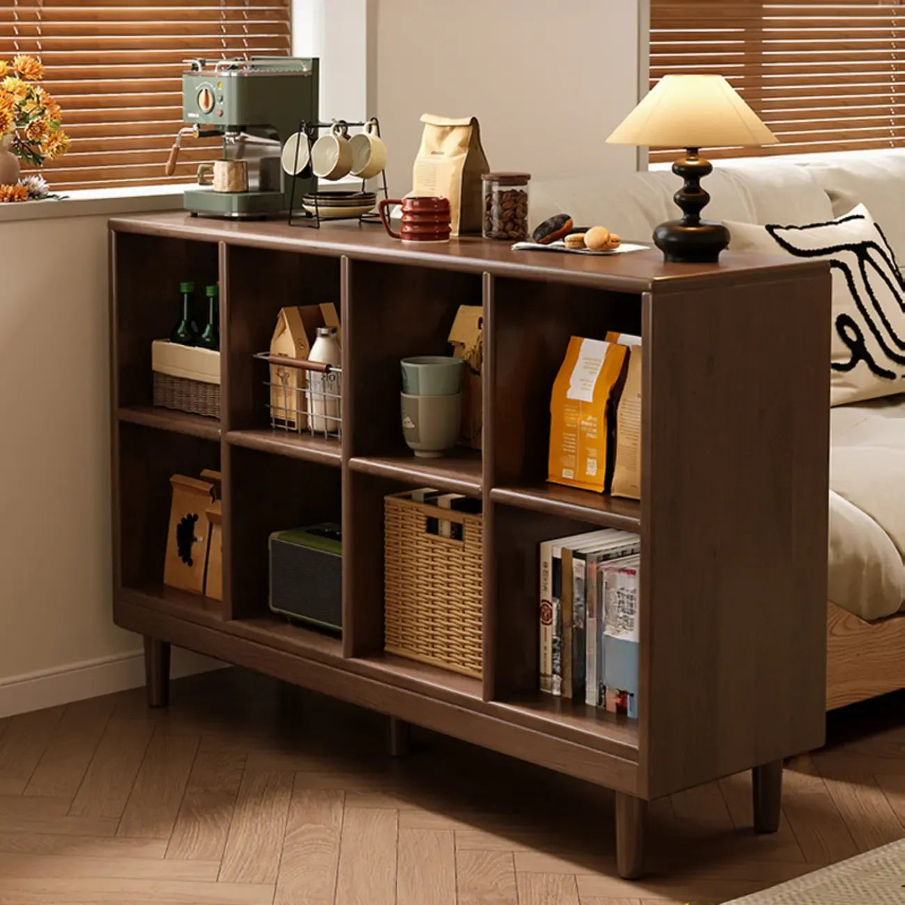 Bibliothèque modulaire autoportante en bois naturel brun