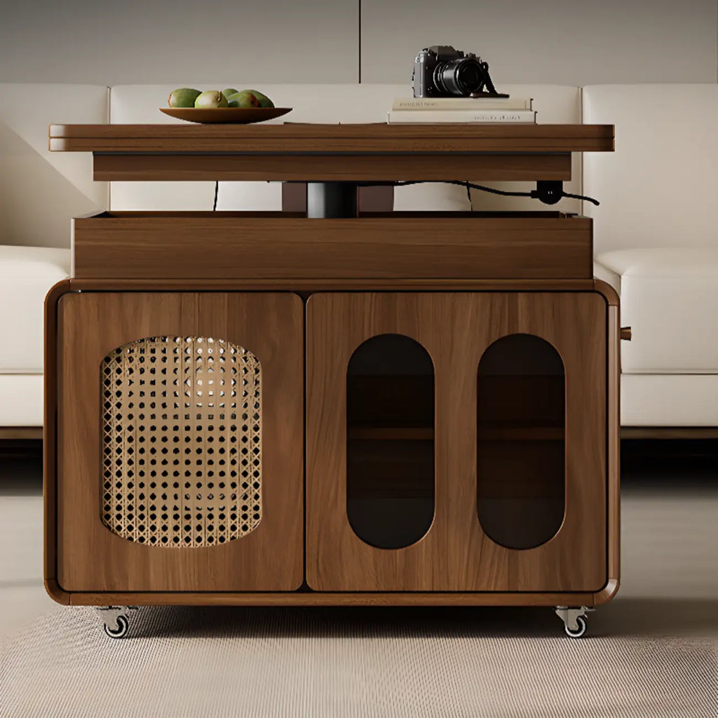 Table d'appoint élégante en bois brun à roulettes, plateau réglable