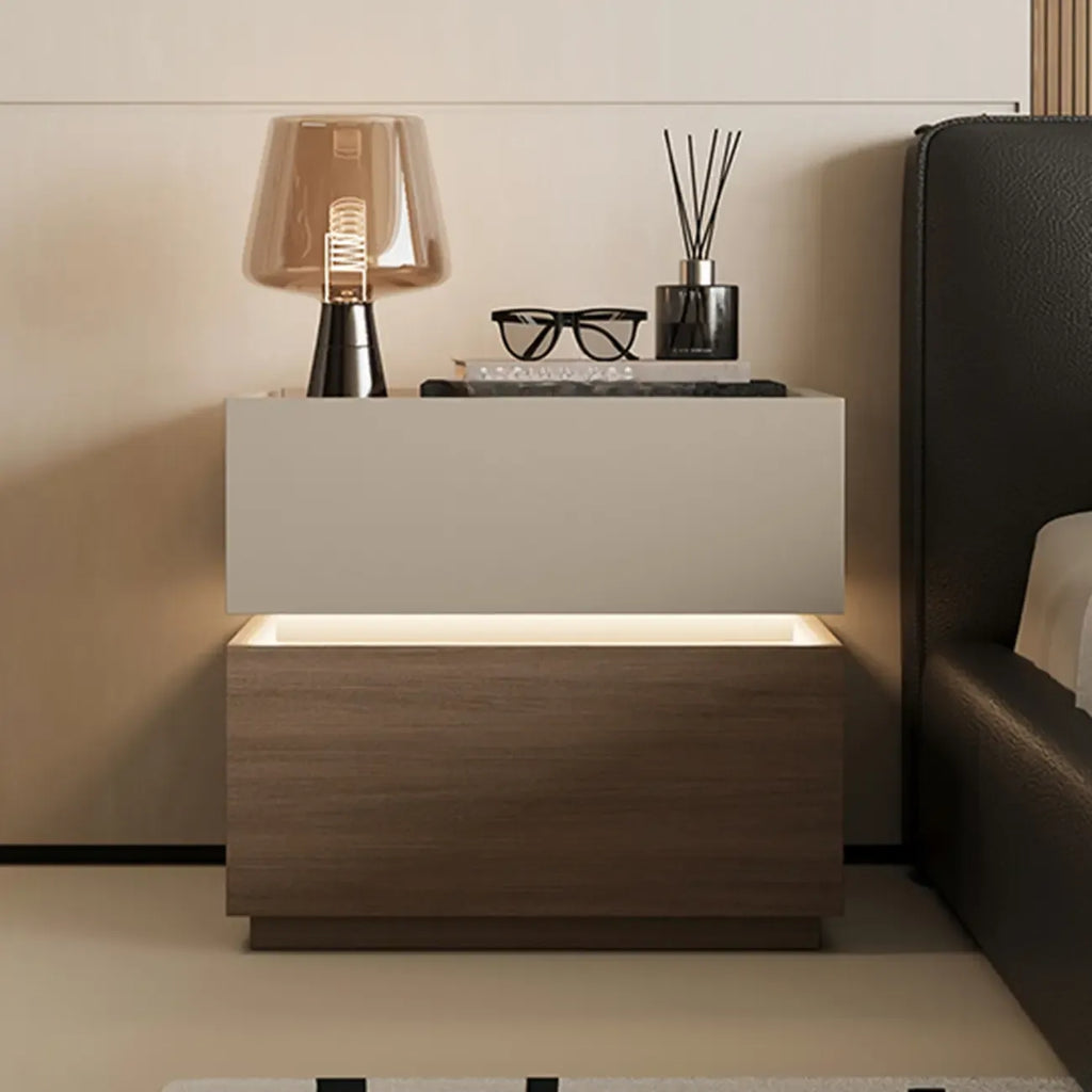 Table de chevet moderne éclairée en bois et verre avec rangement