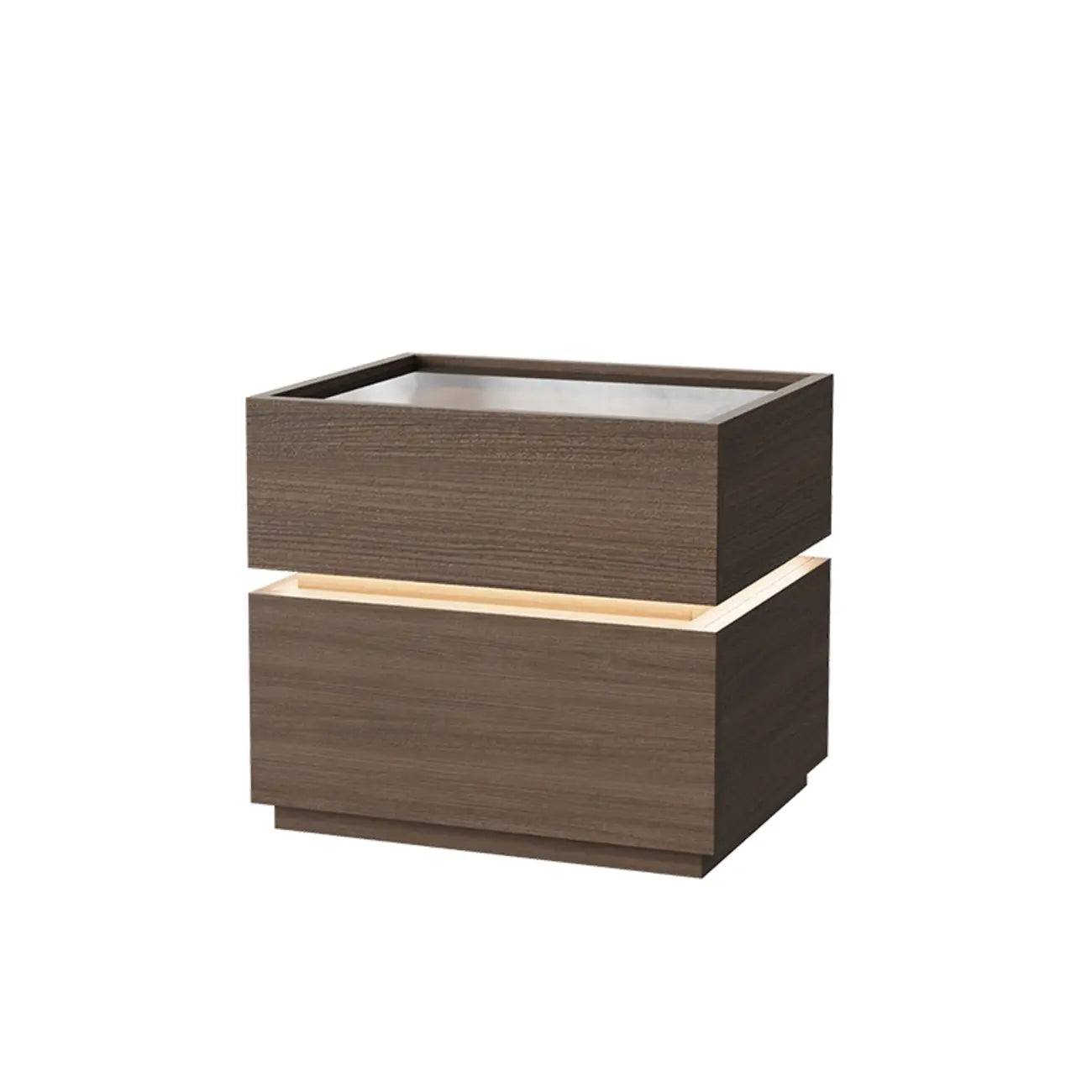 Table de chevet moderne éclairée en bois et verre avec rangement