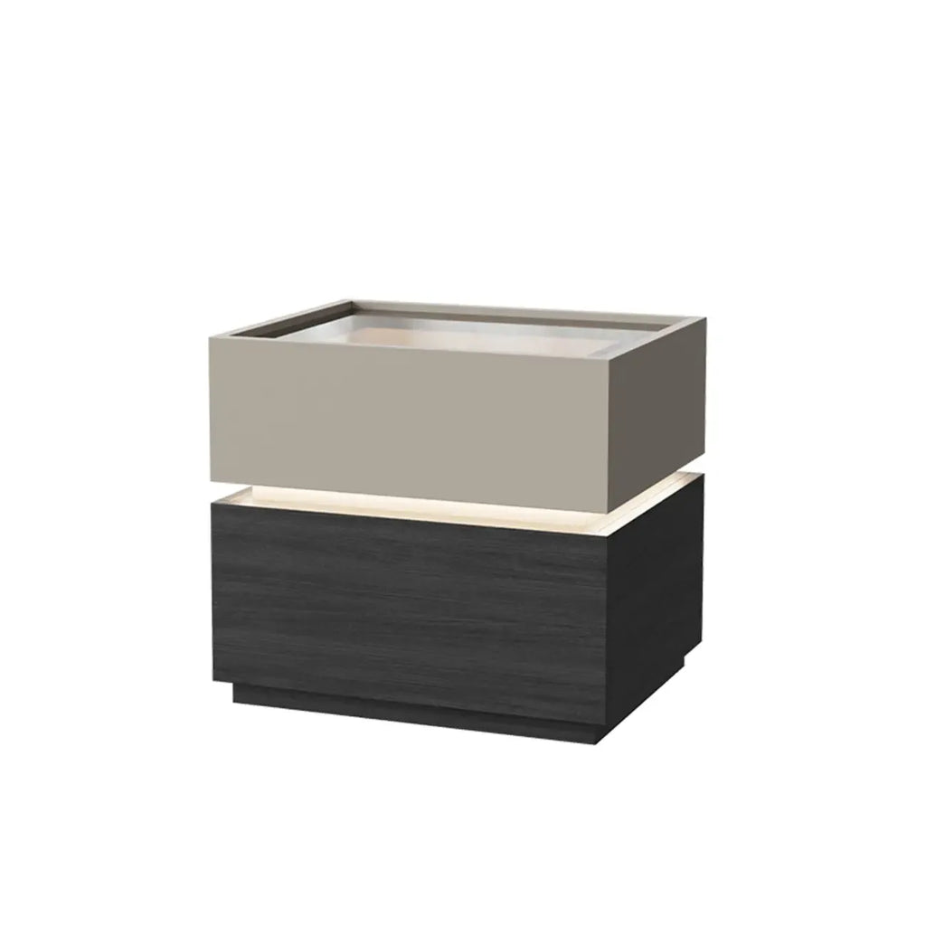 Table de chevet moderne éclairée en bois et verre avec rangement