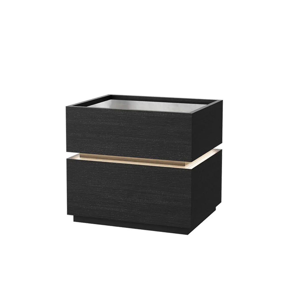 Table de chevet moderne éclairée en bois et verre avec rangement